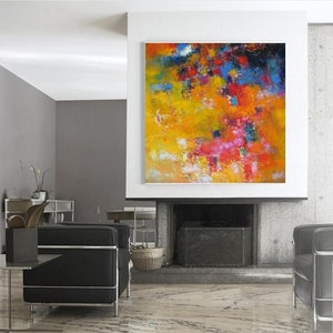 Oversized Abstract Canvas Art Print: Yellow, Orange, Red Giclee Artwork (48x48)