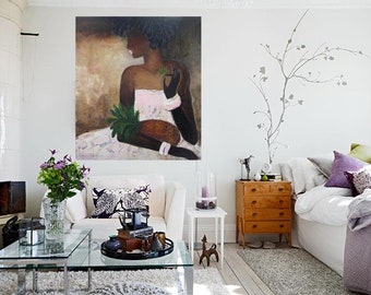 African American wall art black woman painting, Afro female fine art prints women artwork, ethnic people paintings oversized canvas art work