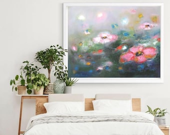 Abstract followers wall art canvas print whimsical garden landscape over sofa bed floral giclee fine art horizontal prints pink green teal