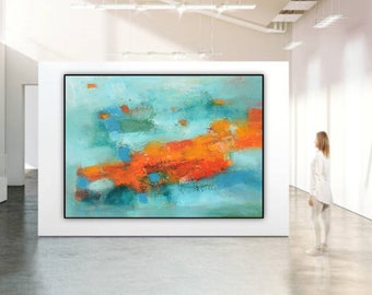 Large abstract wall art canvas print turquoise blue orange artwork modern office art prints oversized giclee canvas horizontal art