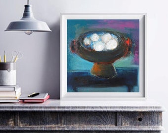 Kitchen wall art prints modern still life painting dining room wall decor eggs in the bowl art print, contemporary food painting white eggs