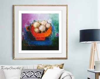 Still Life Modern Farmhouse wall art print fruits abstract colorful orange teal lilac bright primitive artwork harvest paintings art prints