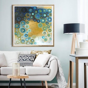 modern wall art abstract teal and gold painting giclee canvas prints, square decorative circles art turquoise gold art ready to hang artwork