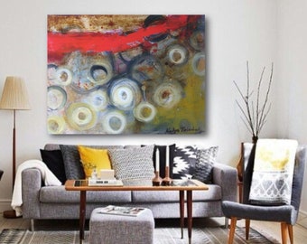 Abstract wall art print from oil painting red gold textured art canvas in extra large oversized formats paper or giclee canvas ready to hang