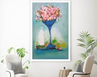 Still life pink turquoise blue art canvas print dining kitchen wall decor, Pink floral still life giclee art print, dining room wall art