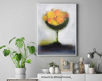 Still life Oranges in a bowl abstract wall art print modern farmhouse decor kitchen dining room art prints, canvas artwork fruit paintings