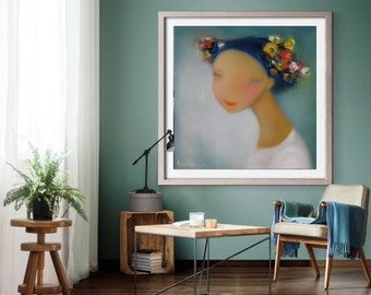 Ukrainian Girl abstract portrait painting, women wall art print abstract female artwork, whimsical paintings of people figurative art print