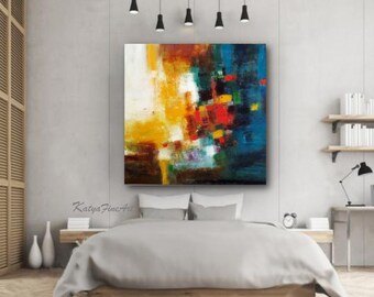 Turquoise blue abstract wall art print square canvas mustard yellow blue, modern artwork giclee canvas office abstract huge art prints Etsy