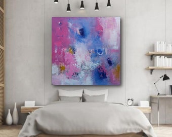 large abstract modern wall art canvas painting blush pink navy blue giclee canvas, huge print colorful oversized art large square art