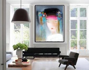 Large wall art Geisha painting Asian woman art print figurative abstract portrait Japanese doll face artwork giclee canvas prints oversized