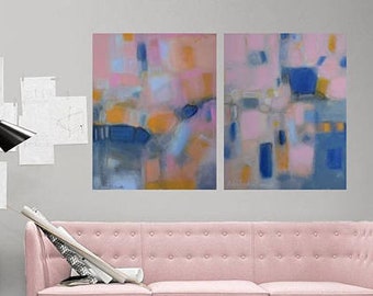Abstract art set split canvas wall art print blush pink navy gray artwork modern diptych set of two fine art prints 2 paper giclee canvas
