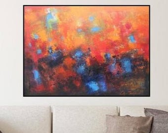 オリジナル抽象油絵：赤、オレンジ、青のキャンバスアート（30インチ