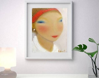 Figurative abstract wall art print, painting of a girl whimsical artwork, paintings of people cute blond young lady female face abstract art