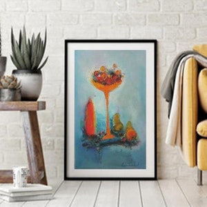 Still Life in Blue Kitchen wall art prints, turquoise orange red still life with fruits, art prints for dining room blue wall art canvas image 2
