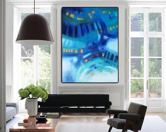 cobalt blue extra large abstract wall art print, modern artwork canvas prints office decor, oversized artwork turquoise and navy art canvas