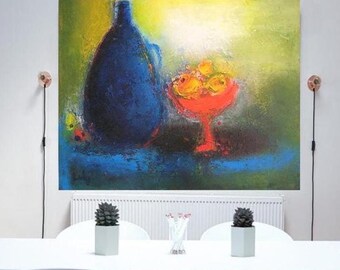 Original Impasto Oil Painting: Cobalt Blue Bottle, Fruit Still Life, Modern Farmhouse Wall Art