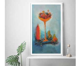 Still Life in Blue Kitchen wall art prints, turquoise orange red still life with fruits, art prints for dining room blue wall art canvas