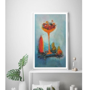 Still Life in Blue Kitchen wall art prints, turquoise orange red still life with fruits, art prints for dining room blue wall art canvas image 1