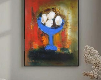 Abstract Still Life Original Painting: Cobalt Blue Vase, Red and Blue Impasto Wall Art
