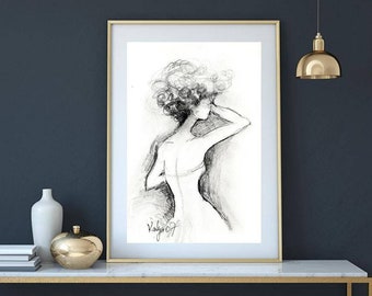 Fashion illustration wall art sketch print women pencil drawing art print black and white,  women naked shoulders figure art prints