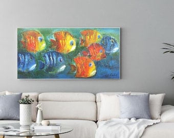 Tropical fish wall art print nautical nursery decor, colorful fishes whimsical painting on canvas art prints for kids bedrooms Etsy art