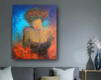 Woman portrait printing oil on canvas original figurative artwork, African American wall art canvas  Afro women face original wall art