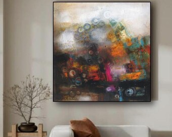 Original abstrakt målning, olja på duk: Modern kvadratisk väggkonst, 24x24