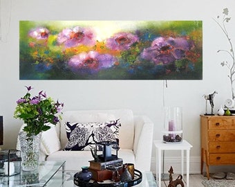 Pink lilies giclee art print canvas long narrow landscape, floral summer abstract horizontal stretched canvas painting pink green flowers