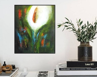 Calla lily flower Original oil on canvas painting large green white artwork, vertical abstract painting kitchen dining room bedroom wall art