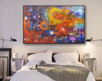 colorful abstract wall art print celestial painting galaxy poster horizontal artwork cosmos artwork for living room family room prints Etsy