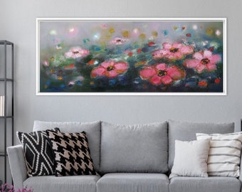 Summer landscape large wall art canvas print, pink flowers extra long narrow floral abstract over king size headboard long large art