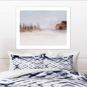 Winter Farmhouse Landscape Art Print: Red Barn, Snowy Country Road
