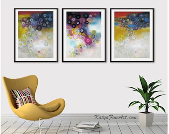 Abstract Triptych Wall Art: Cascading Orbs, Set of Three Giclee Prints