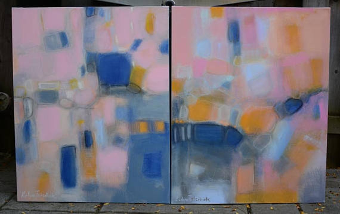 Abstract art set split canvas wall art print blush pink navy Etsy