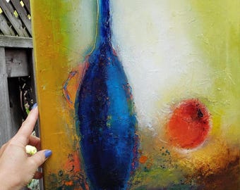 Original Oil Painting: Blue Bottle, Red Apple, Impressionist Kitchen Art