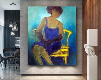 Portret van een Afro-Amerikaanse vrouw, origineel olieverfschilderij, figuratieve abstracte muurdecoratie op canvas.