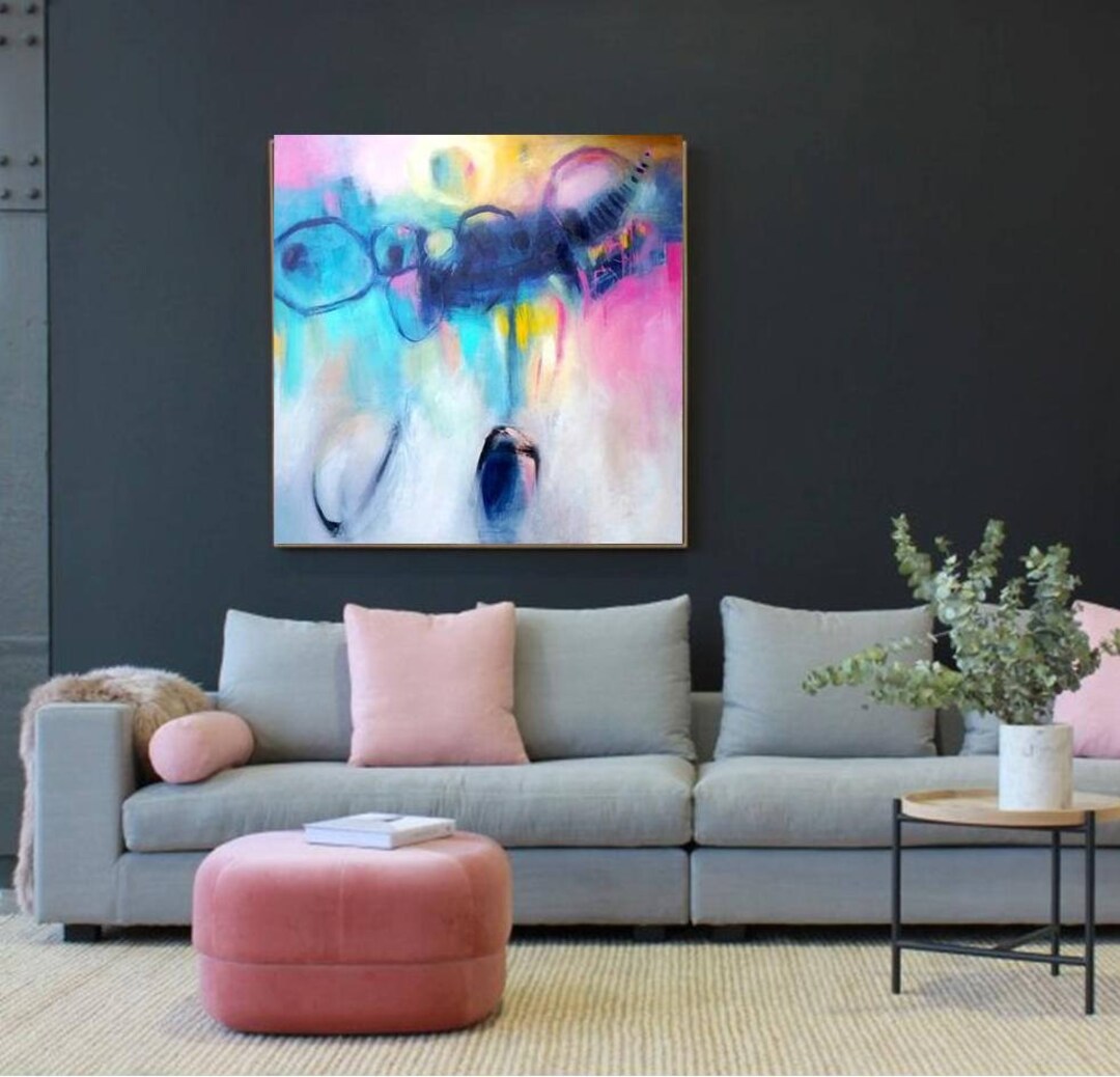 Huge Wall Art Pink Navy Abstract Painting on Canvas Original Artwork Etsy