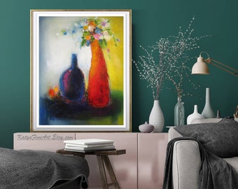 Colorful abstract still life artwork prints on paper or canvas kitchen wall art decor vertical painting flowers fruits bright art canvas