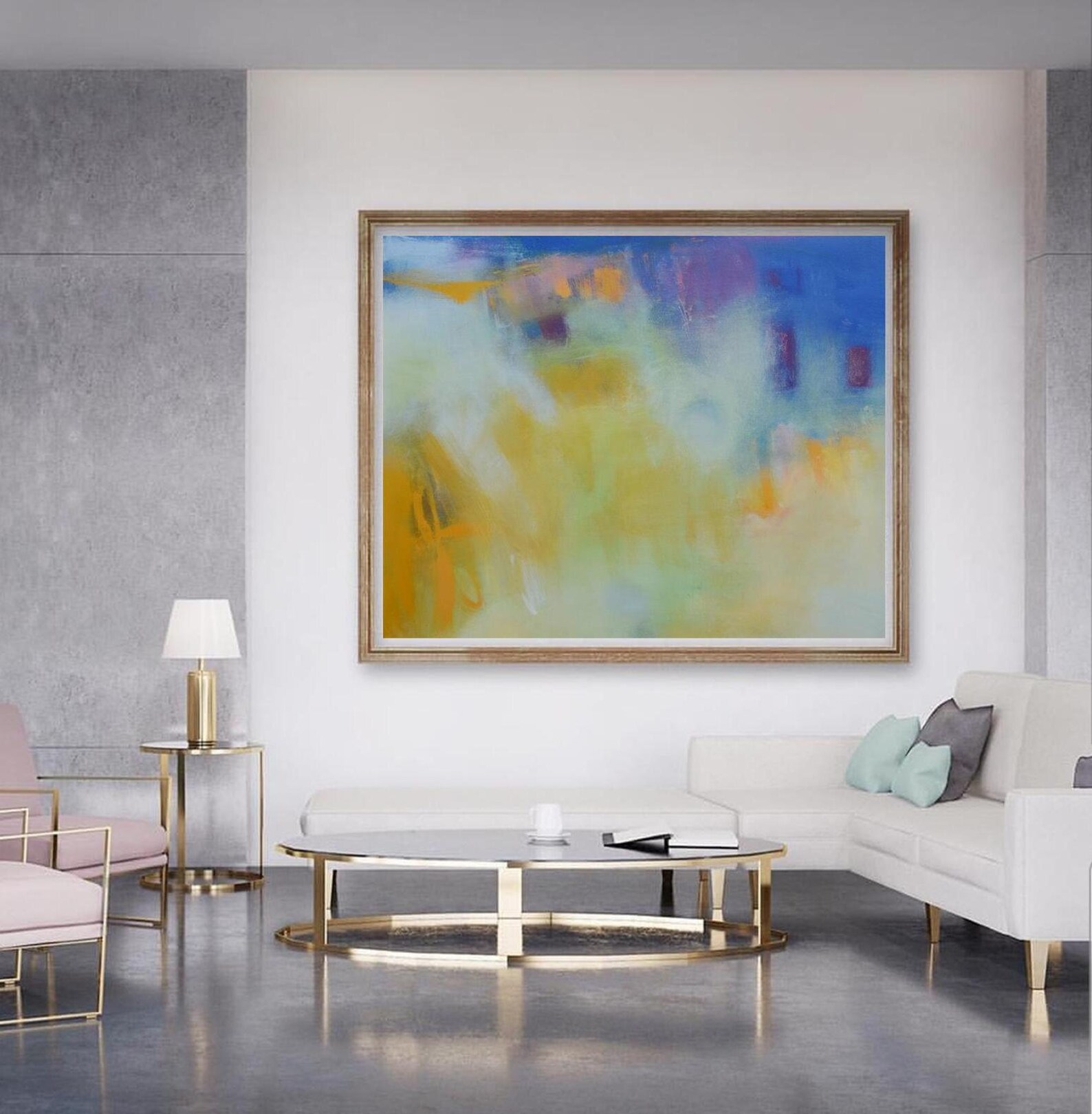 Wall Art Canvas Abstract Painting Mustards Yellow Navy Blue Etsy