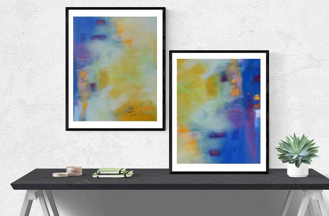 Blue and Yellow Wall Art Print Abstract Art Canvas Set of 2 Etsy