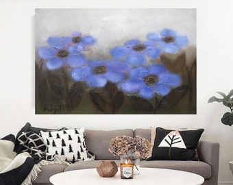 Periwinkle flowers abstract art canvas extra large art prints landscape artwork blue and brown rustic decor horizonal floral art canvas Etsy