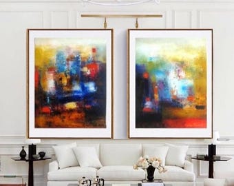 Abstract Canvas Print Set: Modern Red, Blue, Yellow Office Decor, Diptych Wall Art
