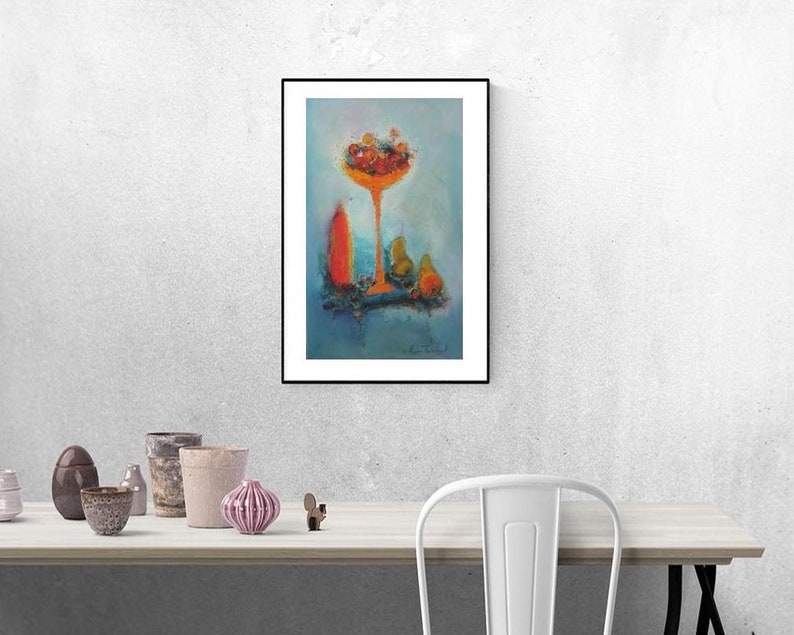 Still Life in Blue Kitchen wall art prints, turquoise orange red still life with fruits, art prints for dining room blue wall art canvas image 5