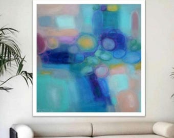 Abstract Canvas Art: Turquoise, Pink, Teal Acrylic Painting