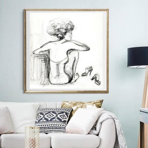Boceto del cuerpo de una mujer en blanco y negro, dibujo abstracto de una figura femenina, impresión artística de pared con boceto del cuerpo femenino y obra de arte figurativa minimalista.
