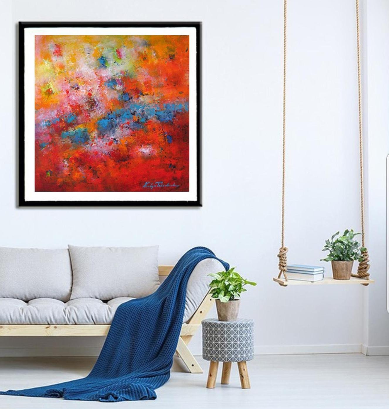 Bright abstract wall art red canvas printing square artwork Etsy