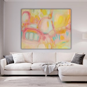 Pastel abstract wall art canvas in pink yellow coral extra large giclee prints above bed & couch, oversized giclee fine art print Etsy