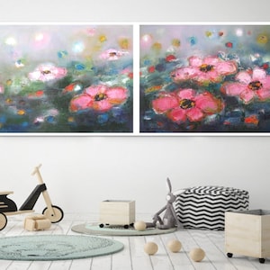 Floral Diptych Wall Art Print: Abstract Pink & Teal Summer Landscape
