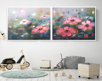 Landscape abstract wall art set of 2 Long horizontal pink teal flowers rustic farmhouse decor, oversized abstract flowers painting prints