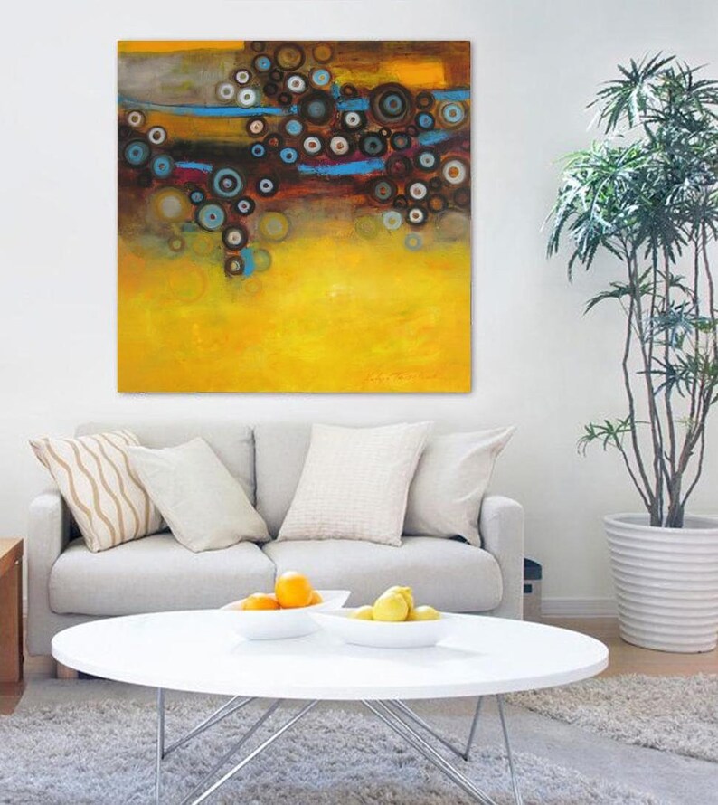 Mustard yellow blue abstract wall art print, modern painting grey canary yellow turquoise, office wall decor large square canvas art prints image 4